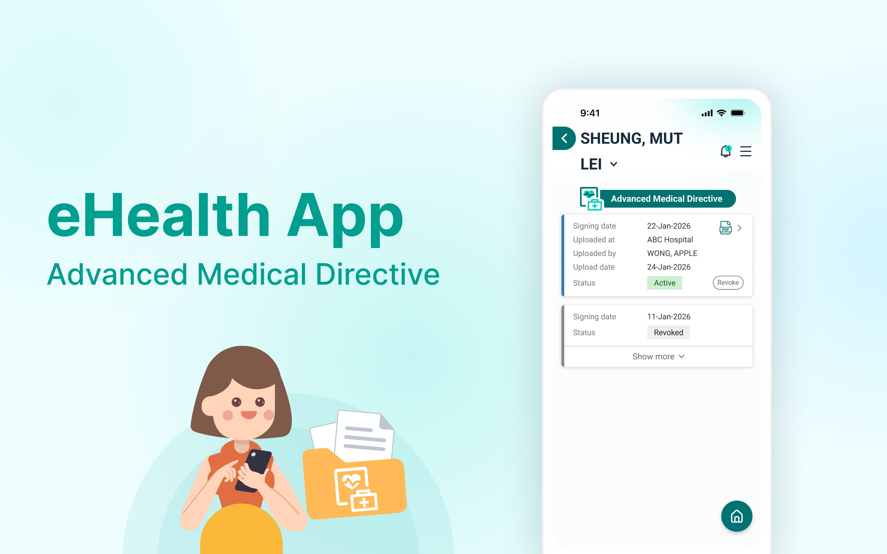 Advanced Medical Directive experience in the eHealth App shown across mobile screens