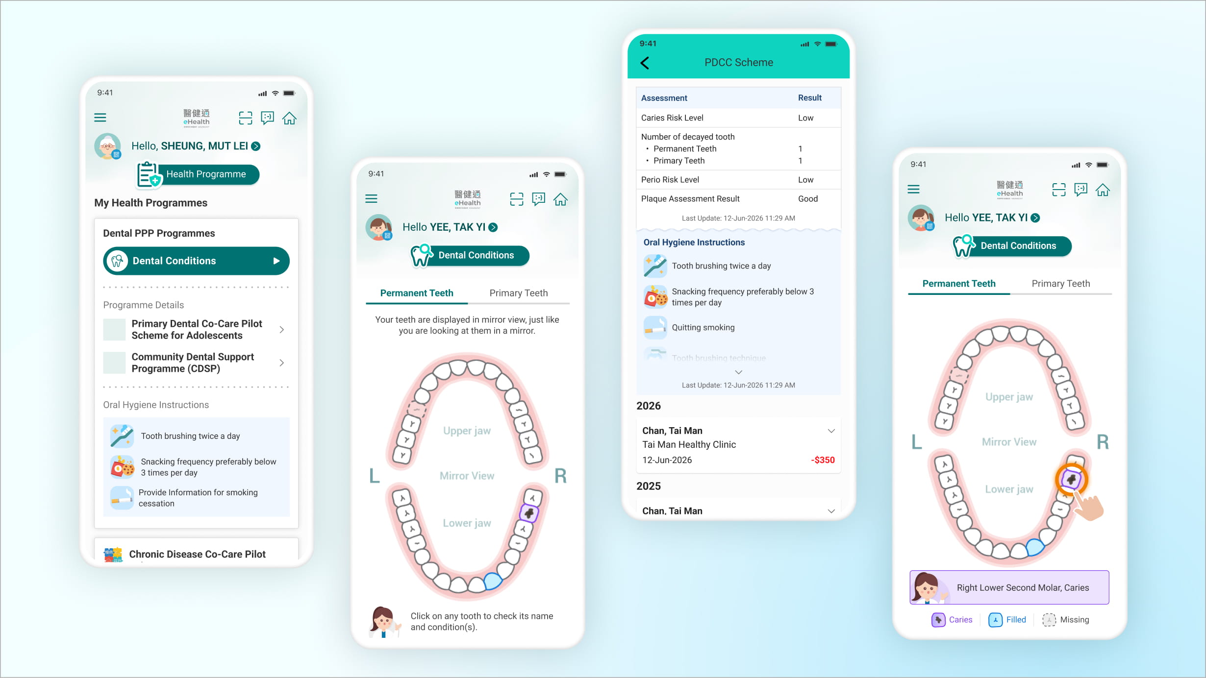 Final Dental PPP screens showing interactive dental charts, tooth conditions and programme information