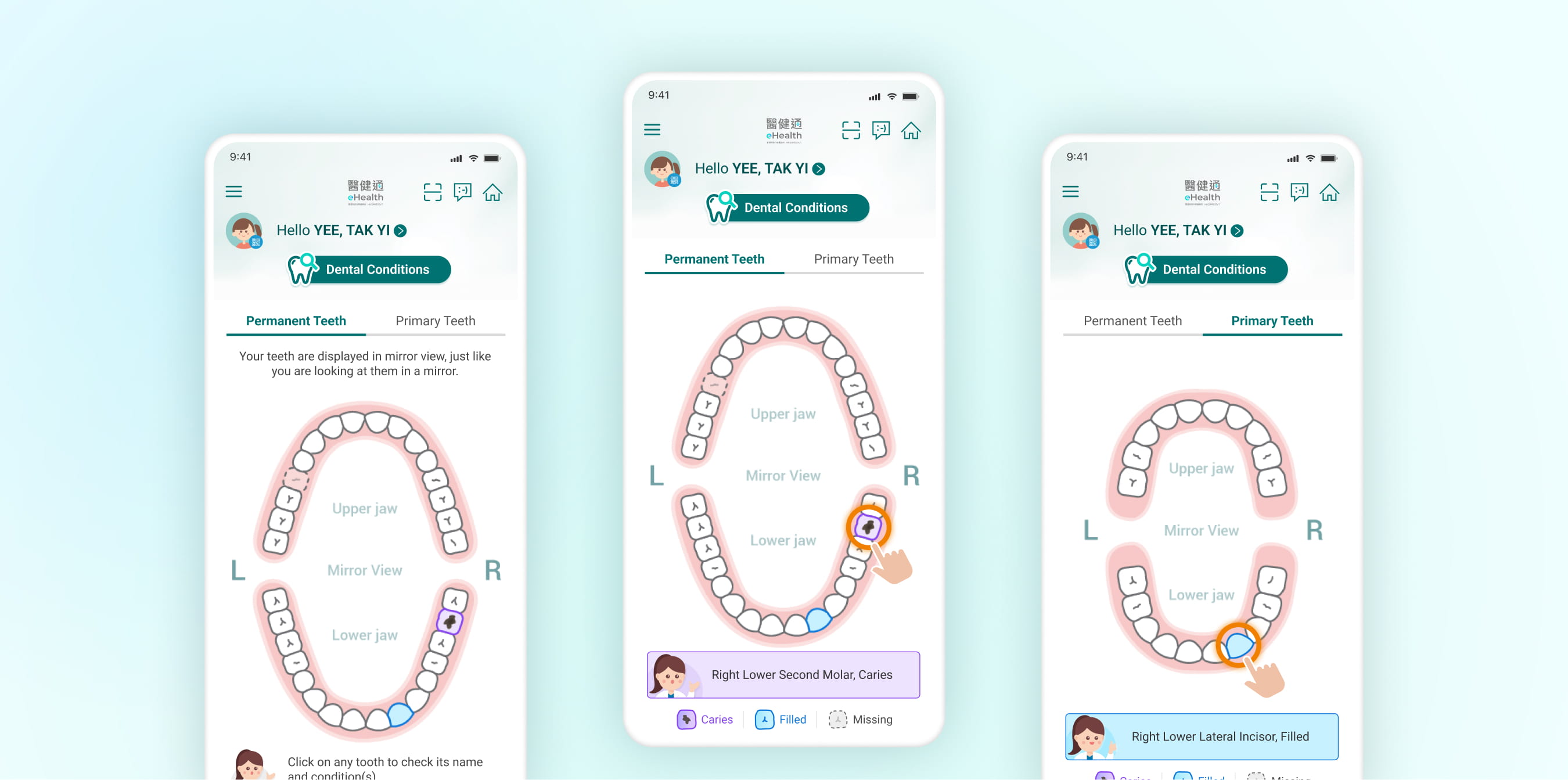 Dental PPP dental condition and programme screens in the eHealth App