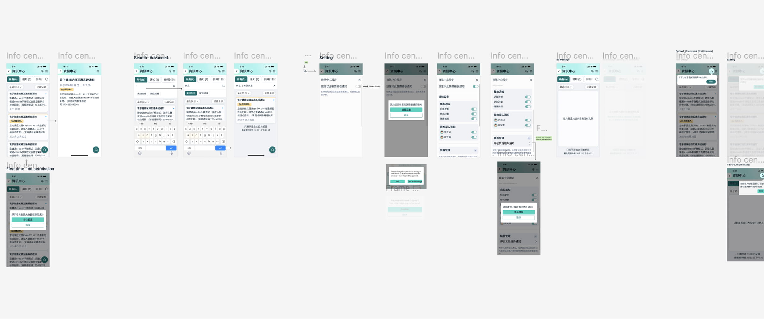 Information Center user flows covering notifications, search, filters and family-member settings