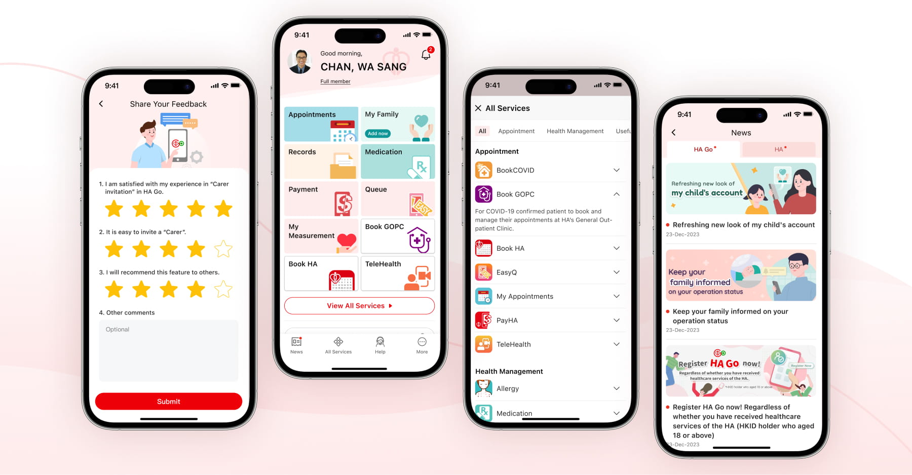 Final HA Go interface screens for feedback, home, all services and news