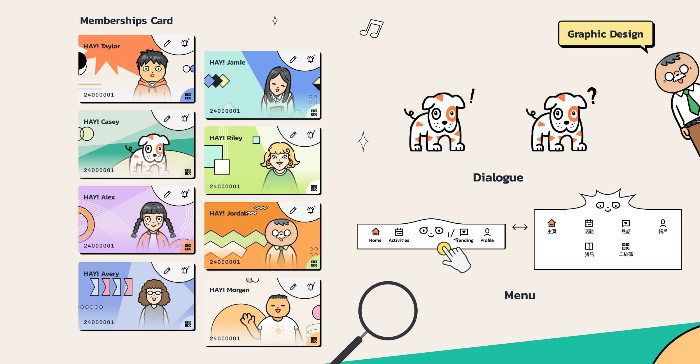 HKYouth+ illustrated membership cards and expandable navigation menu interaction