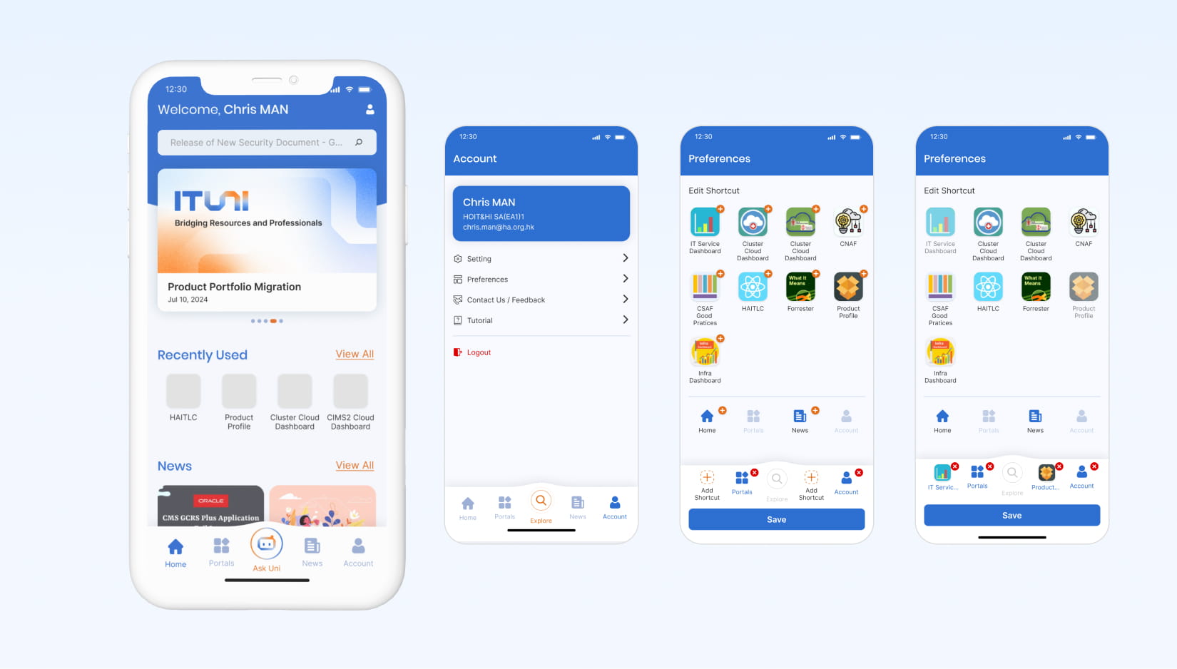 ITUNI home, account and personalised shortcut screens